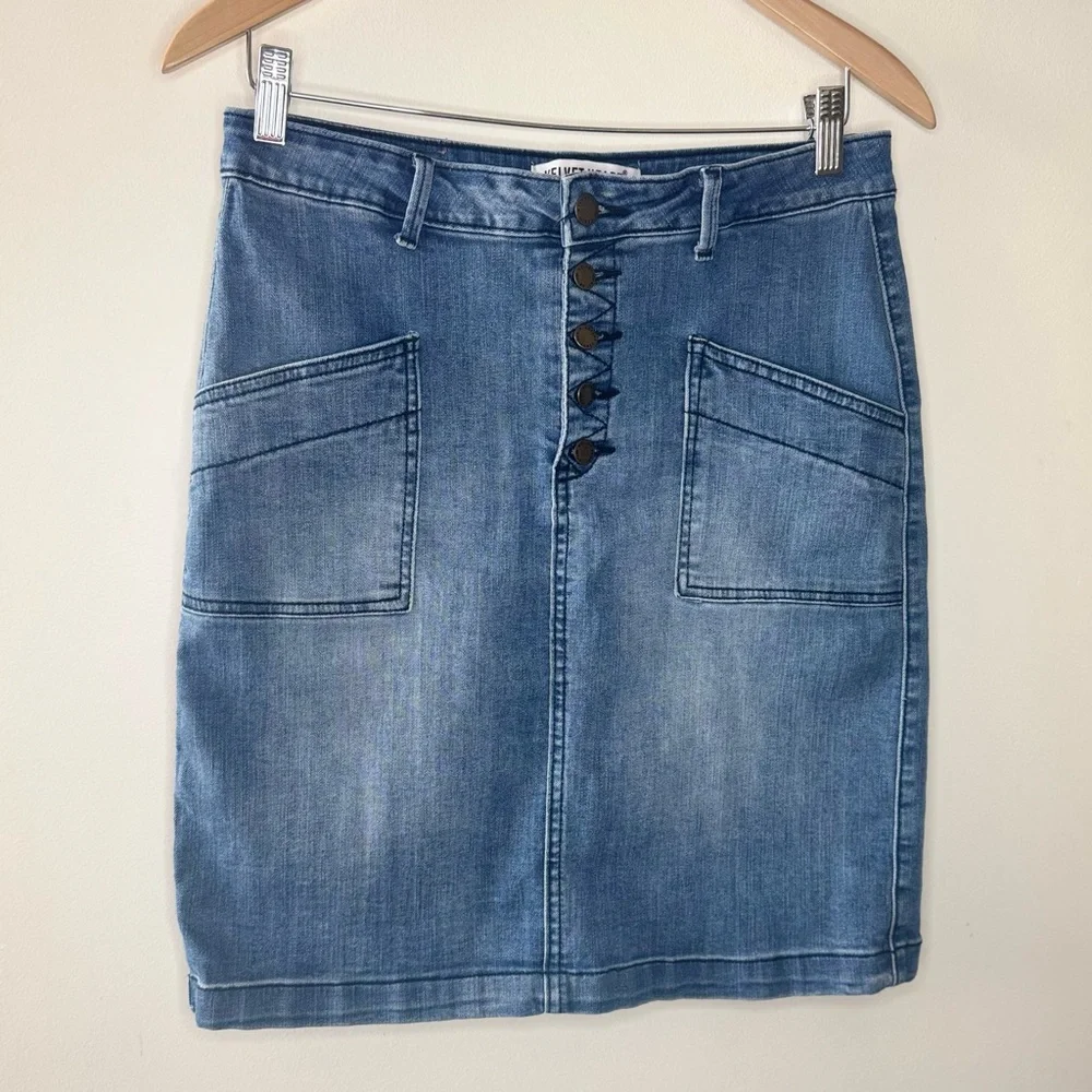 Velvet Heart Denim Women’s 29 Stretch Button Front Pencil Skirt Pockets Normcore